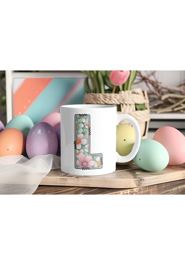 L Harfli Pastel Çiçek Desenli Kahve Kupası - Kişiye Özel Çiçekler Koleksiyonu Bardak - Hediye Beyaz