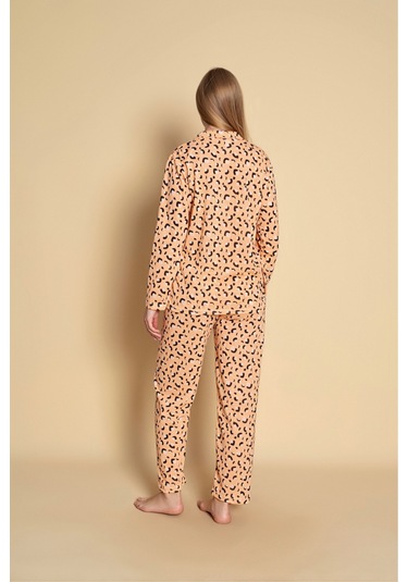 Kadın Gömlek Leopar Desen Uzun Kol Pijama Takımı Turuncu