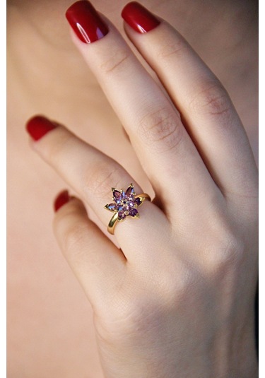 925 Ayar Gümüş Altın Kaplamalı Mor Lotus Çiçeği Yüzük - 34023302