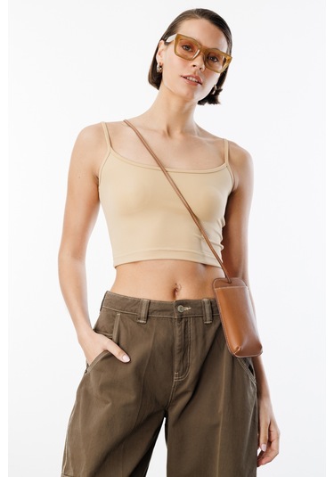 Genius Store Kadın Scuba Kumaş İp Askılı Crop Top Crop-atlet Bej