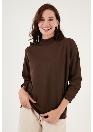 Lela Pamuklu Dik Yaka Basic Örme Bayan Sweat 5863323 Kahve