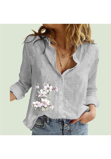 Gri Kadın Moda Yaka Boyun Gömlek İlkbahar Ve Sonbahar Pamuk Keten Üst Rahat Baskı Hırka Bluzlar Gri