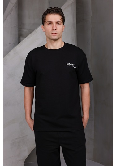 Erkek Baskılı Oversize Bisiklet Yaka 2 İki İplik Kompakt T-shirt Siyah