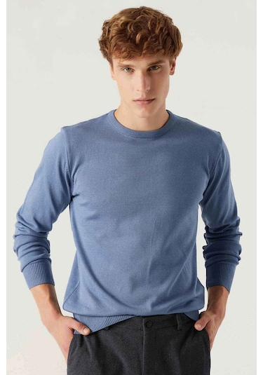 Regular Fit Koyu Mavi Tüylenme Yapmayan Bisiklet Yaka Triko Kazak Mavi