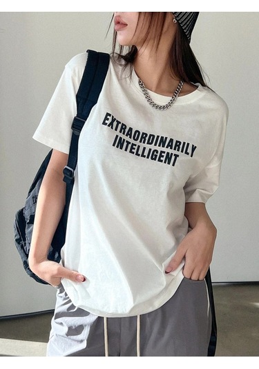 Kadın Beyaz Oversize Extraordinarily Baskılı Örme T-shirt Beyaz