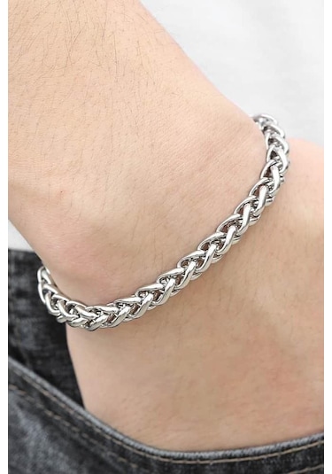 Birbirine Geçmeli Erkek Çelik Bileklik Zincir 20 Cm Acb01 Beyaz