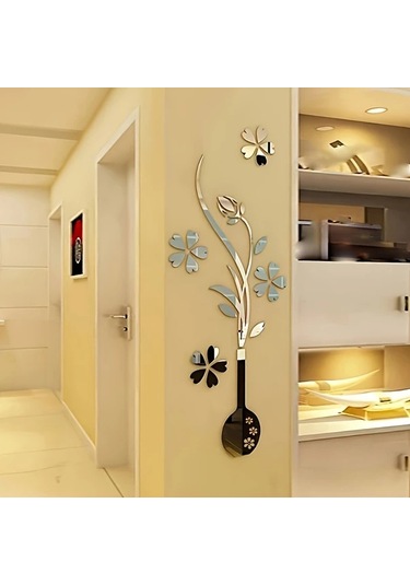 Fochsia Parlak 3d Akrilik Çiçek Vazosu Duvar Dekoru - Kendinden Yapışkanlı, Gümüş Desen, Oturma Odası Ve Tv Dekoru Gümüşi