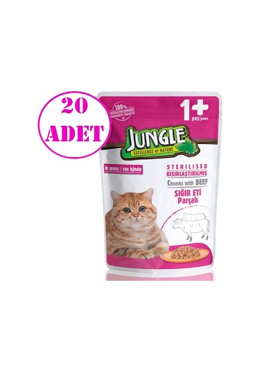 Jungle Pouch Kısırlaştırılmış Biftekli Yetişkin Kedi Maması 20 x 100 G