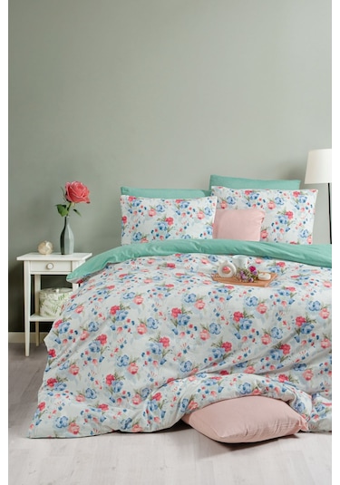 Lastikli Çarşaflı Tek Kişilik Nevresim Takımı Roseto-yeşil Mavi - Yeşil