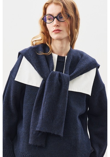 Kare Yaka Bağlamalı Triko Atkı Lacivert Lacivert