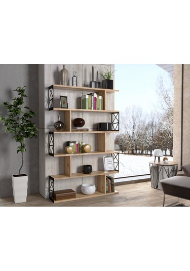 Wood'n Love Zambak 5 Raflı Altıgen Desen Kitaplık - Atlantik Çam / Siyah