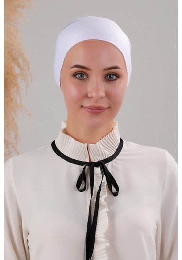 Tesettür Geçmeli Bağcıklı Viskon Likralı Bone Beyaz Beyaz