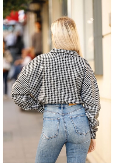 Bella Dossi Kaz Ayağı Desenli Crop Sweat Siyah