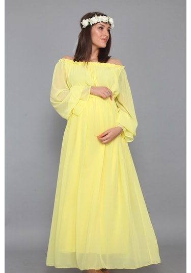 Modalabio Moda Labio - Babyshower Dökümlü Hamile Elbisesi Sarı