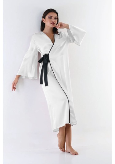 Laperissa Kadın Beyaz Saten Sabahlık Kuşaklı Siyah Biyeli Şık Ev Giyim Beyaz