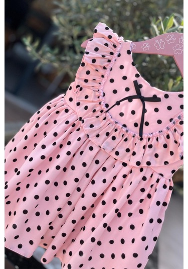 Puantiyeli Kolsuz Pamuklu Kız Çocuk Bebek Pudra Pembe Elbise 001