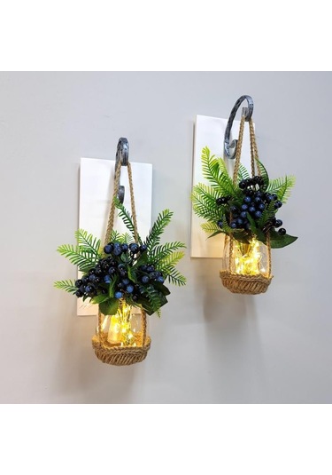 Duvar Dekoru, Led Işıklı, Mavi Kokina Çiçekli, Beyaz Aplik İkili Set