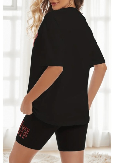 Modagen Kadın Siyah Brooklyn Baskılı T-shirt Tayt Takım Siyahh