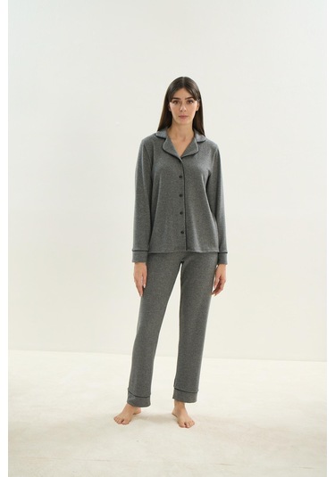 Kadın Uzun Kol Triko Önden Düğmeli Gri Melanj Pijama Takım C1t8n9o51 001