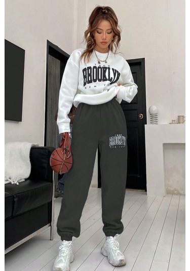 Modagen Kadın Antrasit Beyaz Brooklyn Baskı Oversize Bisiklet Yaka Alt Üst Eşofman Takımı Antrasit-beyaz