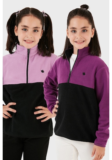 Lela Yumuşak Dokulu Yarım Fermuarlı Renk Bloklu Dik Yaka 2'Li Paket Çocuk Polar 5905004S2 Lila Siyah-Mor Siyah