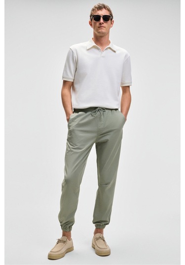 JAKOB Erkek Dokuma Yıkamalı 4 Cepli Kalın Dokulu Paçası Lastikli Açık Haki Pantolon