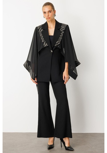 Moda İlgi Kadın Şifon Pelerin Detaylı Taş İşlemeli Ceket 0065 Siyah Siyah