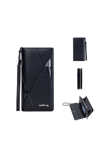 Linjinxu Baellerry S1240 Lychee Desen İş Günlük Fermuarlı Uzun Cüzdan Çoklu Kart Yuvası El Çantası Siyah Siyah