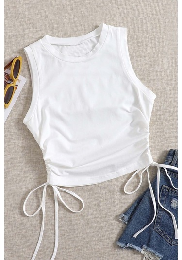 Merry See Yanları Büzgülü Kolsuz Bluz Crop Top Atlet Beyaz