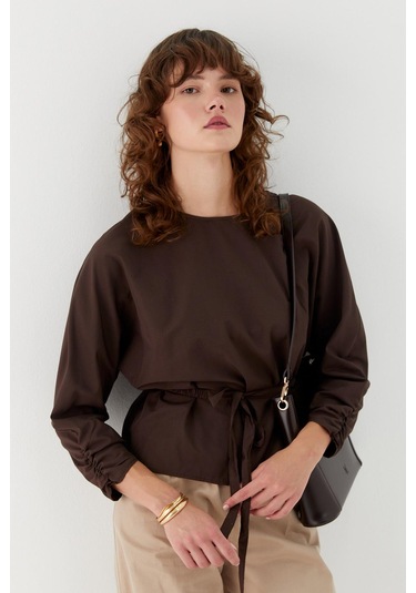 Büzgü Manşetli Kuşaklı Bluz Kahverengi Kahverengi