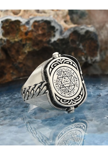 Prestij Gümüş Hz. Süleyman Mührü Ve Zirkon Siyah Taşlı Çift Tarafli 925 Ayar Gümüş Erkek Yüzüğü