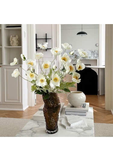 Yapay Çiçek Gelincik Çiçeği Kar Beyaz Renk 3 Çiçek 1 Tomurcuk 59cm Beyaz