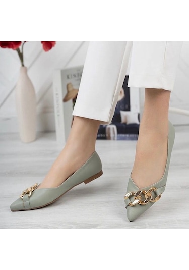 Popi Mint Yeşili Cilt Zincirli Babet Ayakkabı Mint Yeşili