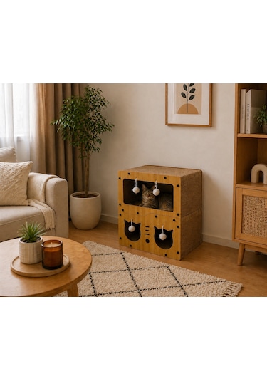 Pureza Ahşap Kedi Evi & Karton Tırmalama Alanı