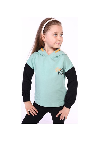 Toontoy Kız Çocuk Kapüşonlu Blok Renkli Sweatshirt Yeşil