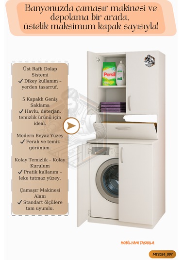 Tamamı Mdf 5 Kapaklı Çamaşır Makinesi Dolabı Banyo Dolabı