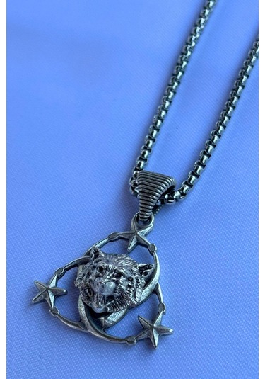 Kurt Ay Yıldız El İşçiliği Paslanmaz Çelik Zincir Erkek Kolye Gümüş