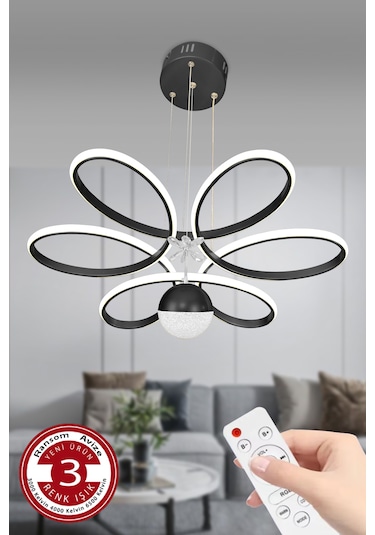 Ransom 3 Renk Toplu Kelebekli Kumandalı Papatya Salon Led Avize Siyah