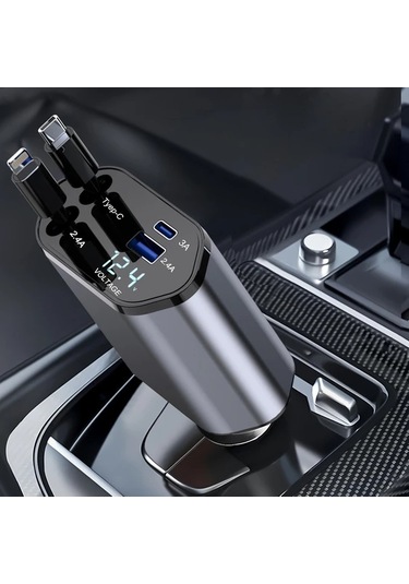 Oldfriend Gri 4'ü 1 Arada Araç Şarj Cihazı 80cm Usb Type-c Hızlı Şarj 180 Dönebilir