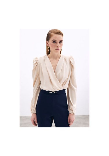 Sateen Kruvaze Vatkalı Bodysuit - Bej