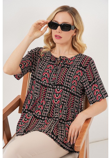 Kadın Desenli Kısa Kol Bluz 969 - Siyah Siyah