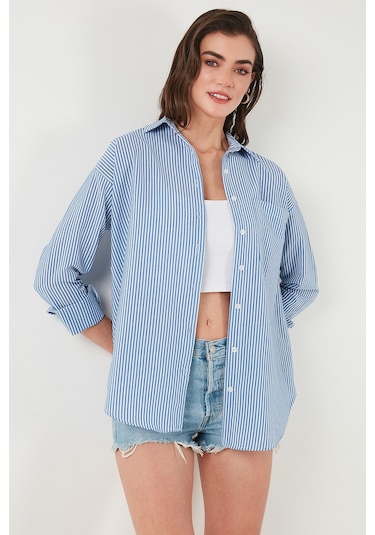 Lela Regular Fit Uzun Kollu Cepli Çizgili Bayan Gömlek 6772895 Indigo