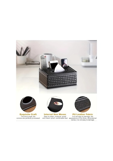 Tongdashop Beyaz Altın Kumanda Ve Akıllı Telefon Organizörlü Şık Siyah Suni Deri Mendil Kutusu Beyaz Altın