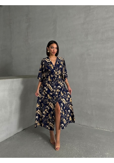 Kadın Kruvaze Yaka Yırtmaçlı Uzun Yazlık Elbise Lacivert