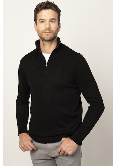 Tudors Slim Fit Dar Kesim Dik Yaka Fermuarlı Erkek Kazak-26347 Siyah