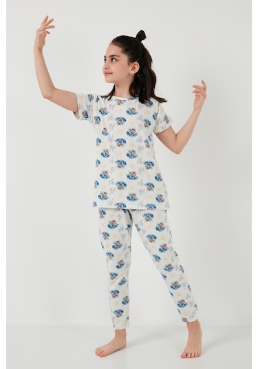 Lela % 100 Pamuk Bisiklet Yaka Kısa Kollu Kız Çocuk Pijama Takımı 6651004 Ekru-Mavi