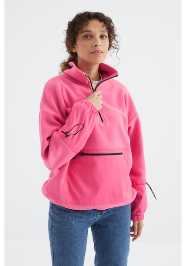 Tommy Life Şeker Pembe Etek Ucu Büzgülü Yarım Fermuarlı Oversize Kadın Polar Sweatshirt - 97238 Şeker Pembe