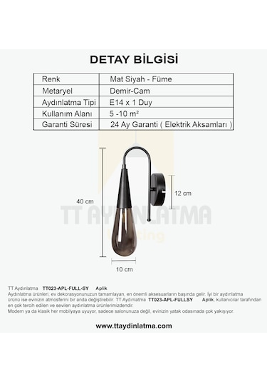 Tt023-apl-fullsy Tt Aydınlatma Damla Modeli Full Siyah Aplik Siyah