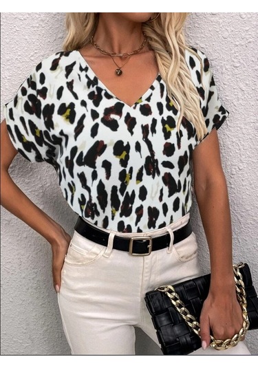 Sensuelle Kadın Kısa Kollu V Yaka Leopar Desen Krep Bluz LEOPAR