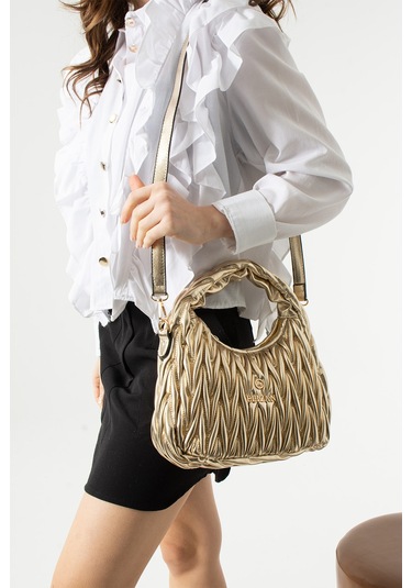 Elizan Nakışlı Modern Tasarım Altın Gold Çapraz Kadın Çantası Siyah